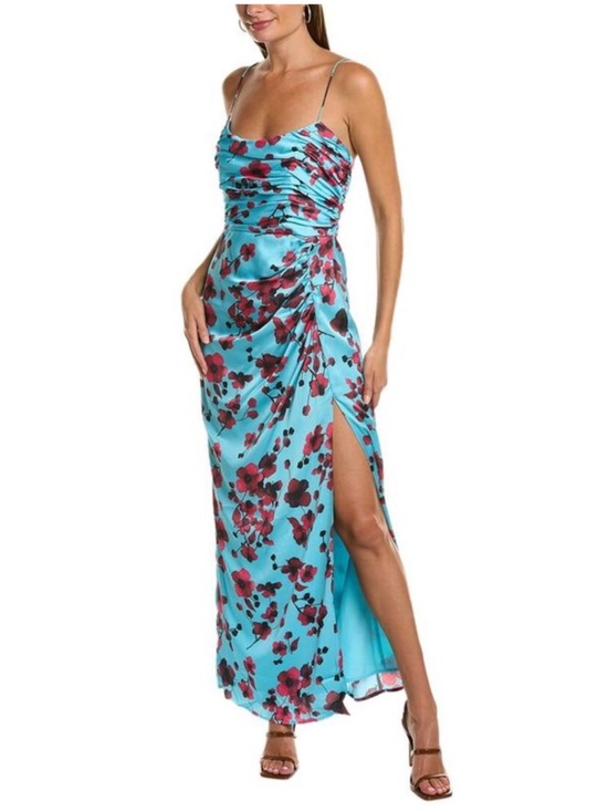 Hutch Dresses & Skirts - Hutch Luxe Sleeveless Ruched Side-Slit Satin Maxi Dress in Sky Floral Women’s 4
